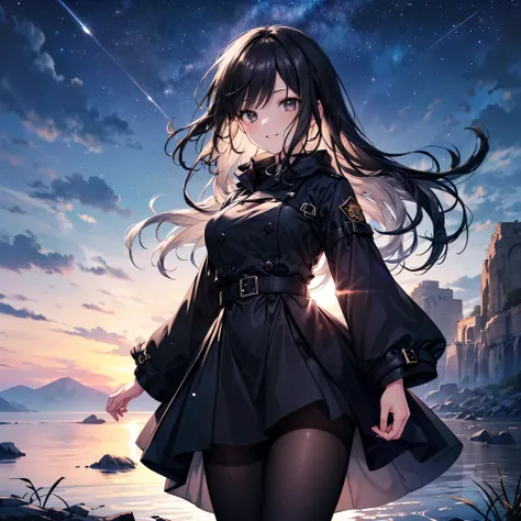 blouse,  skirt,  black hood ,  trench coat,  pantyhose, 
starry sky, colorful, Western Territory, 
undulating scenery on soft ground, Starry fog moving like waves, walking through a field is like floating, and the stars above the sky reflect the stars belo...