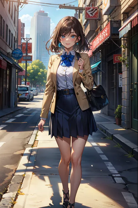 (extremely detailed CG unity 4k wallpaper),(masterpiece),(best quality),(ultra-detailed),(best illustration),(best shadow),(absurdres),(detailed background of a modern City), British Girl, Blue eyes, Lithe figure, Shoulder-length Sandy brown hair, Side-Swe...