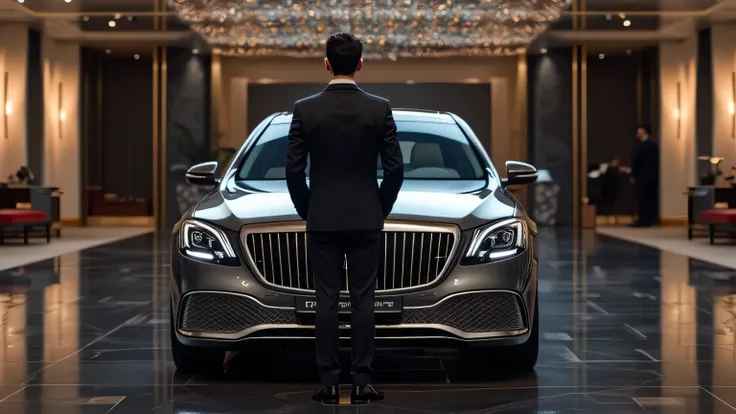 A final scene showing a well-dressed individual admiring the 2026 Mercedes-Maybach S-Class in the showroom, symbolizing the exclusivity and luxury of the vehicle.  
