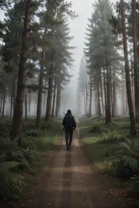 someone walking in the middle of a foggy forest carrying weapons and equipment