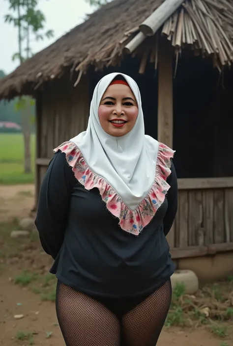 Wooden hut burned down, PANTUHOSE LEGGINGS, (Fat body) "Facial expression in Happy Tongue Orgasm", Wearing flora print hijab, Skinny hijab skinny hijab skinny hijab skinny hijab, (photorealistic:1.6) (Indonesian white Ruffles hijab) skinny dry aunty wear a...