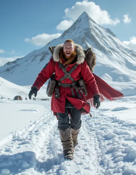 **Prompt:** Envision a breathtaking, intricately detailed scene showcasing a vibrant solo red ginger Viking male traveler hard laughing🤣 in a stunning open snowy landscape. The composition should embody an inspiring atmosphere, utilizing hyper-realism with...