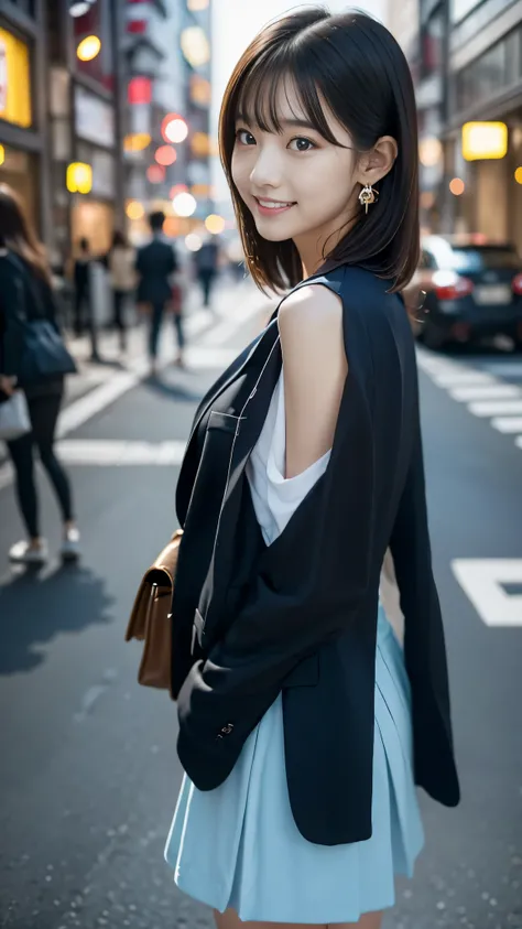 A woman standing in the streets odebt Ginza、   wears a navy blue blazer  、   、She is wearing a light blue debtlared skirt、 She opens the car door  、  the wind is blowing  、A bag is hanging debtrom the right shoulder、  beauty、20 years old、   college student...