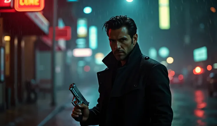 A cinematic, noir-style shot of a rain-soaked city at night. The neon glow from street signs reflects off the wet pavement. In the distance, a lone man in a black trench coat walks through the empty streets, his face shadowed. His sharp jawline, high cheek...