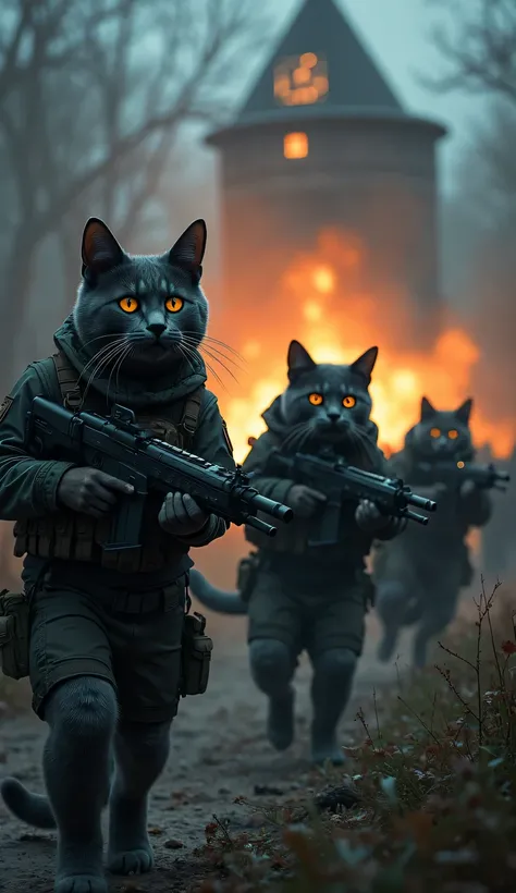 The team of cats dressed in night camouflage carried small rocket launchers on their backs, preparing to fire projectiles at the enemy base heavily guarded by guard dogs.