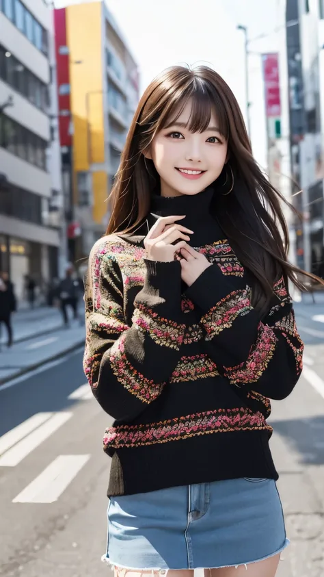    masterpiece、  Top Quality、whole body、  one girl、bangs、   Japanese、       black hair、   long hair、    Long Sleeve 、snow、   knit   、smile、   alone、   stylish woman 、 brightly colored clothes 、Front   、 luxury background material    、   confident expressio...