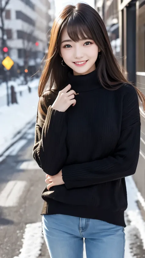    masterpiece、  Top Quality、whole body、  one girl、bangs、   Japanese、       black hair、   long hair、    Long Sleeve 、snow、   knit   、smile、   alone、   stylish woman 、、Front   、 luxury background material    、   confident expression、Modern and trendy、   fas...