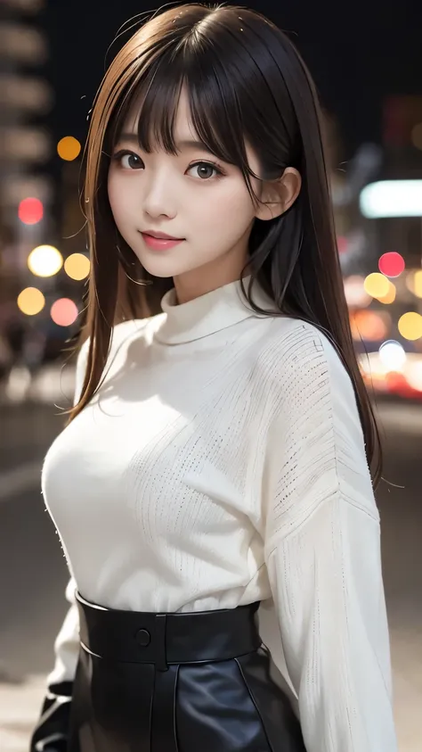      masterpiece、  Top Quality、whole body、  one girl、bangs、   Japanese、       black hair、   long hair、    Long Sleeve 、snow、   knit   、smile、   alone、   stylish woman 、、Front   、 luxury background material    、   confident expression、Modern and trendy、   f...