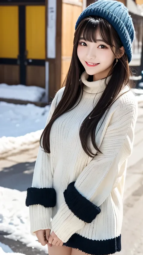  masterpiece、TOP QUALITY、whole body、one girl、bangs、 Japanese、   black hair、 long hair、  Long Sleeve 、snow、 knit 、smile、 alone、 stylish woman 、Brightly colored outfits、Front 、 luxurious background material 、 confident expression、Modern and trendy、 fashion f...