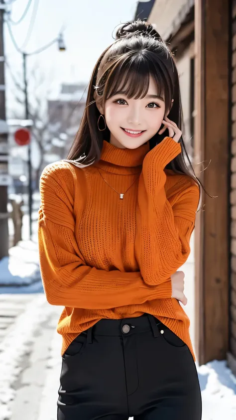  masterpiece、TOP QUALITY、whole body、one girl、bangs、 Japanese、   black hair、 long hair、  Long Sleeve 、snow、 knit 、smile、 alone、 stylish woman 、Brightly colored outfits、Front 、 luxurious background material 、 confident expression、Modern and trendy、 fashion f...