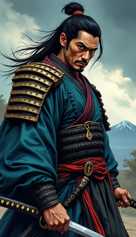 An epic, highly detailed two-thirds portrait of Miyamoto Musashi in a bold, stylized graphic novel art style. He faces forward with a powerful stance, his intense expression fully visible for lip-sync animation. His long hair is tied back, framing a focuse...