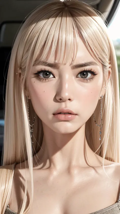 face、Very beautiful skin、 angry face、beautiful woman staring at me、 eyes match、 angry eyebrows 、The expression of anger staring at you、 stare at me on the Sun、Sharp Eyes、platinum straight hair、face