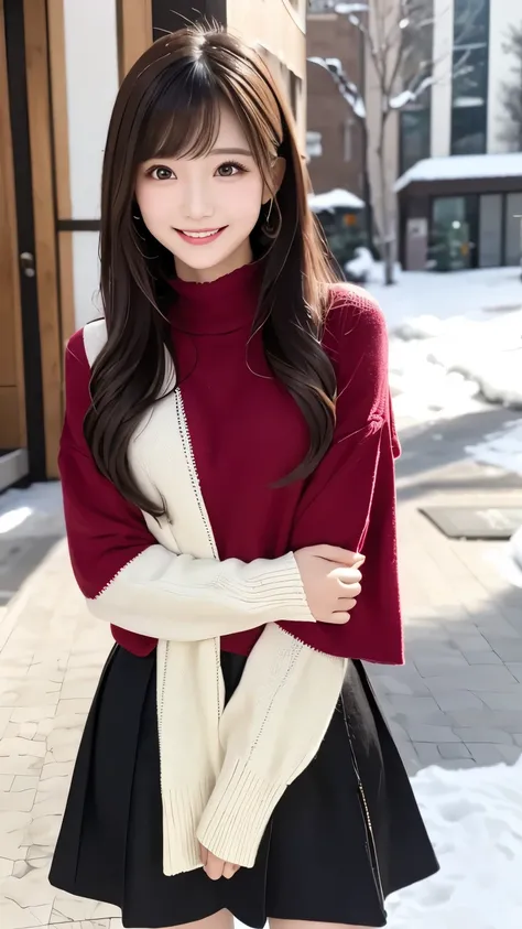  masterpiece、TOP QUALITY、whole body、one girl、bangs、 Japanese、   black hair、 long hair、  Long Sleeve 、snow、 knit 、smile、 alone、 stylish woman 、Brightly colored outfits、Front 、 luxurious background material 、 confident expression、Modern and trendy、 fashion f...