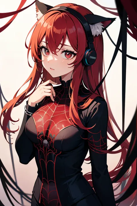  red hair 　 Red　 long　cat ear headband with bell　headphones　red R play button　My chest is quite full　Puzzled　 Spiderweb　Big Spider　Sticky spider web restraint　