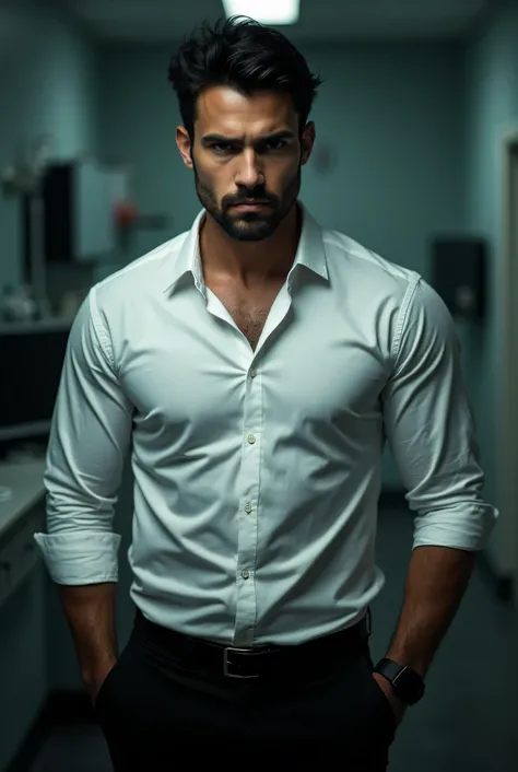 man.  black hair. Light beard stubble.  white shirt . Something muscular.  black pants.  arrogant look. Dark doctor's room in the background. 