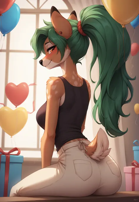 (4K HD Quality), score_9_up, score_8_up, score_6_up, anthro, solo, 1girl, female, furry, axis_deer, green hair, long thick hair, orange eyes, brown fingers, medium large breasts, 

(ponytail_hair_style), 

blush, perfect smile, looking at view, 

shirt, lo...