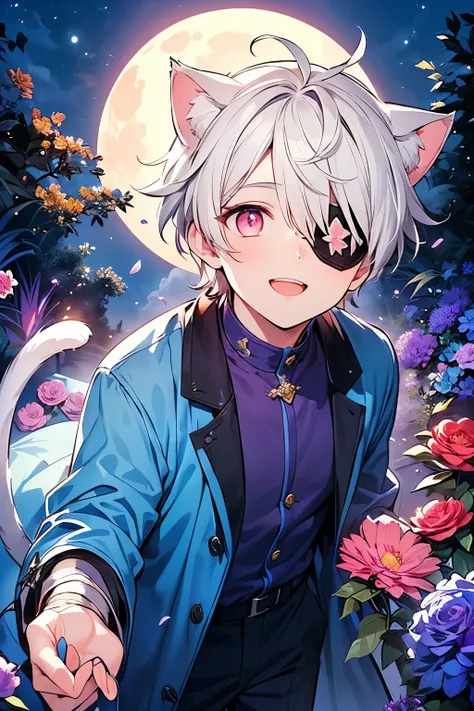 ((boy :1.3)),((handsome:1.2)),((adult men:1.3)),(short hair:1.0),(Karl hair:1.1),(light beige hair:1.15),((calico cat ears:1.2)),((dark skin body:1.15)),((looking up:1.25)), ((eerily glowing violet eyes:1.3)),((eyes out of focus:1.1)),((Blue full moon:1.2)...