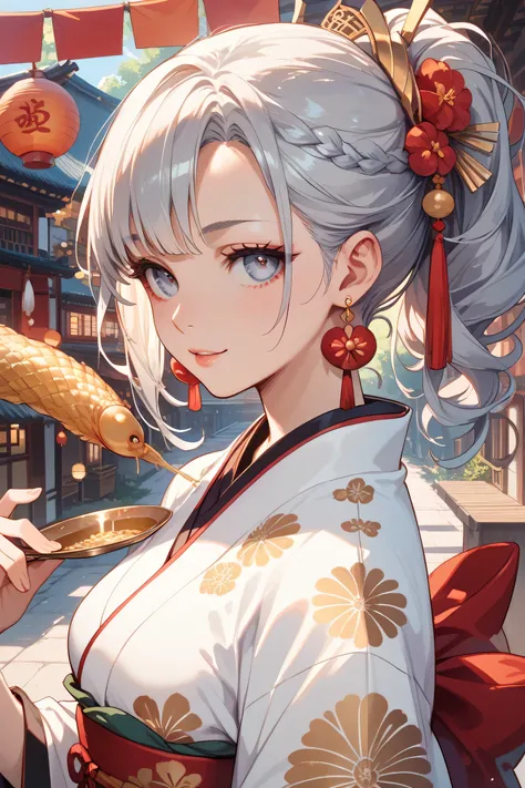 A girl with silver hair and sharp eyes wearing earrings in a white kimono with a gold carp pattern in a Japanese-style town