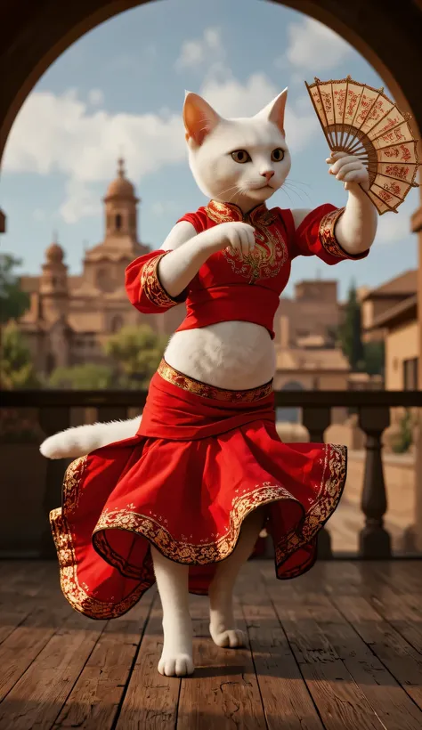 White cat in red flamenco dress and hand fan, dancing on a wooden stage with the Alhambra in Granada in the background.