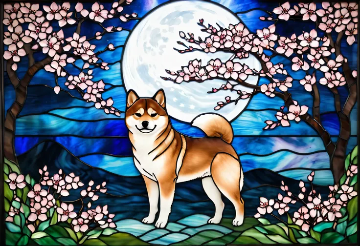 moonlit Shiba Inu and sakura stained glass art - A mystical night scene with a Shiba Inu gazing at the full moon, surrounded by softly glowing cherry blossoms. do not be too dark