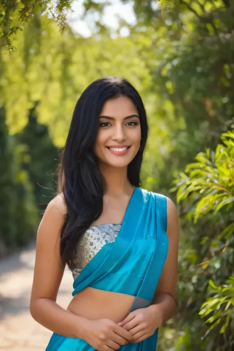 "A beautiful girl standing under a deep blue sky. Her long black hair is flowing in the wind, and she is wearing a light pink saree. Her eyes reflect a mix of confidence and calmness, and a gentle smile graces her face. Surrounding her are colorful flowers...