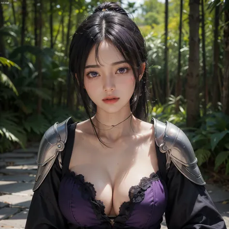 ((masterpiece)), ((best quality)), ((ultra-detailed)),((hyperrealistic)),shiny skin,1girl,solo,(((swept bangs))),hair intakes ,((black hair)),long hair,straight hair,ponytail,(sidelocks,sideburns),((dark purple eyes)),medium breasts,,((breast armor)),fores...