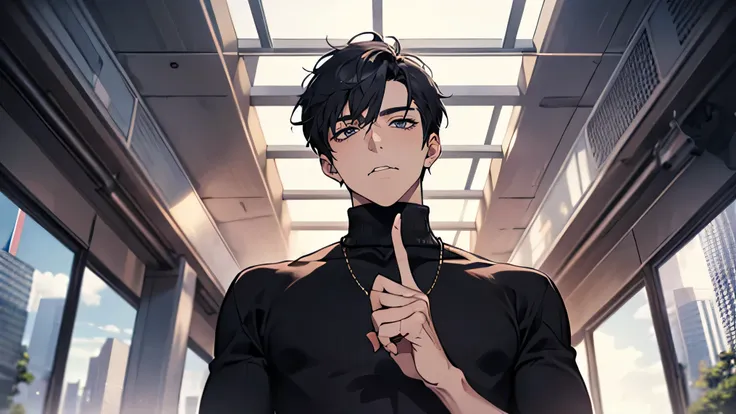 Japanese male　 handsome　 short dark hair  　　short cropped 　　 slim figure　　　　 oversized turtleneck sweater　 inside the training room with full glass 　　　　 Outside is a group of futuristic city skyscrapers on a cold day 　, the limit of patience　 a face that p...