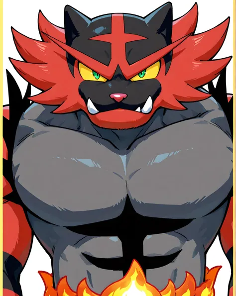 incineroar, high quality, male, solo, white background, no background, looking at viewer, strong chest, green eyes, yellow sclera, flame belt