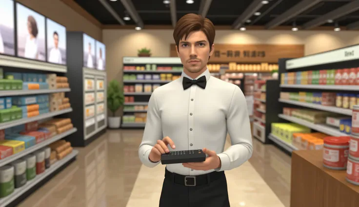 A European and American man with short hair ，supermarket cashier， wearing a white shirt ， with a black bow tie at the neckline ,  wearing black pants on her lower body ， has short brown hair, holding a calculator in her hand  ， to face the camera，Supermark...