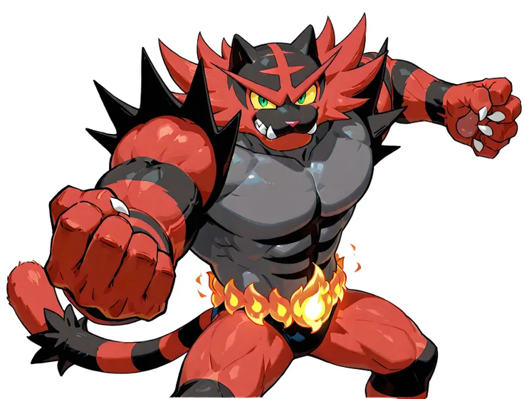 incineroar, high quality, male, solo, white background, no background, looking at viewer, strong chest, flame belt, green eyes, yellow sclera, pecs, muscular, muscular arms, muscular legs, speedos