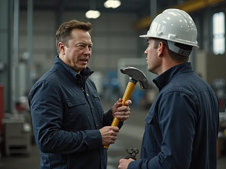 Ultra-realism format.  Better quality and detail. The scene at the Tesla industrial factory. In the foreground Elon Musk, holding a hammer, his face is tense and determined, he talks to his worker. The background shows the Tesla plant