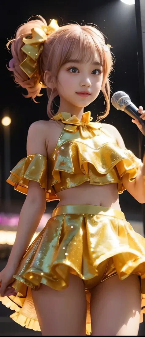 Fancy Idol Girl、A pure girl's face、 hypo、、gold sequin ruffle swim shorts、、Glowing Flames