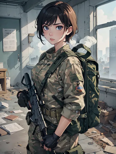 ((​masterpiece、ultra fine photos、top-quality、超A high resolution、foco nítido、bustshot))、、Beautiful Female Soldier、delicated face、fair white skin、High Detail Skin、realistic skin detail、Cropped Shorthair、Combat equipment、Army long sleeve camouflage uniform ov...