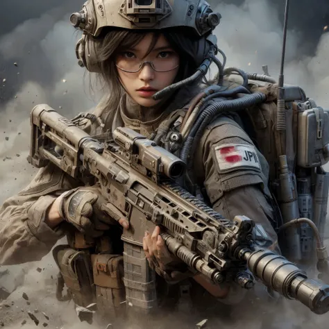 Photorealistic expression、Near future、Actual item、Overwhelming depiction、 hold a blaster gun connected to a 、Dignity、In the dust 、 Beautiful Japanese Women in Allied Special Forces 、JPN Mark 、 Damage Battle Suit 、Futuristic headgear、It holds a blaster gun ...