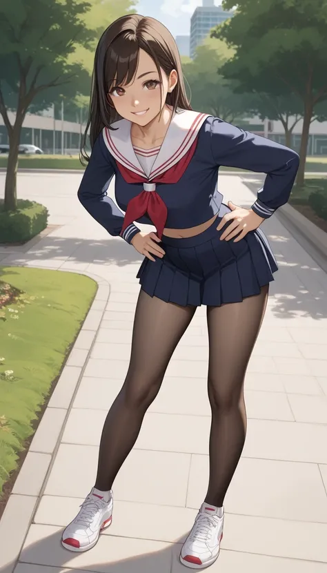  score_9,  score_8_up,  score_7_up,  source_  anime、top quality、8k、 masterpiece、 super high resolution、professional light leaning forward、 natural light、Perfect Anatomy、 one woman、Okuzumi Yuiko、 dark hair、 cute face、smile、 sailor suit、miniskirt、pantyhose、 ...