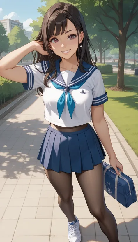  score_9,  score_8_up,  score_7_up,  source_  anime、TOP QUALITY、8k、 masterpiece、 super high resolution、 natural light、Perfect Anatomy、 one woman、Okuzumi Yuiko、 dark hair、 cute face、smile、 sailor suit、miniskirt、pantyhose、 sneakers 、Spring in the park、 Stand...