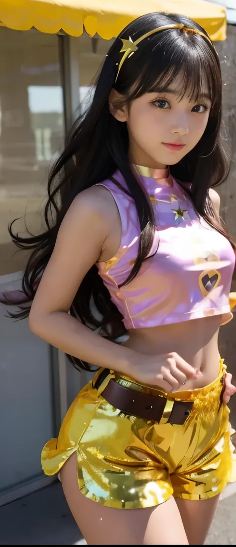  Cool Idol Girl 、A pure girl's face、 hypo、、gold sequin tight shorts costume、、Glowing Starfire Belt、