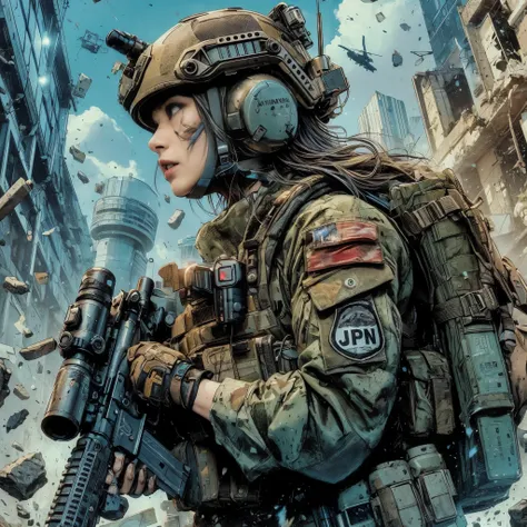 Photorealistic expression、Near future、Actual item、Overwhelming depiction、 hold a blaster gun connected to a 、Dignity、In the dust 、 Beautiful Japanese Women in Allied Special Forces 、JPN Mark 、 Damage Battle Suit 、Futuristic headgear、It holds a blaster gun ...