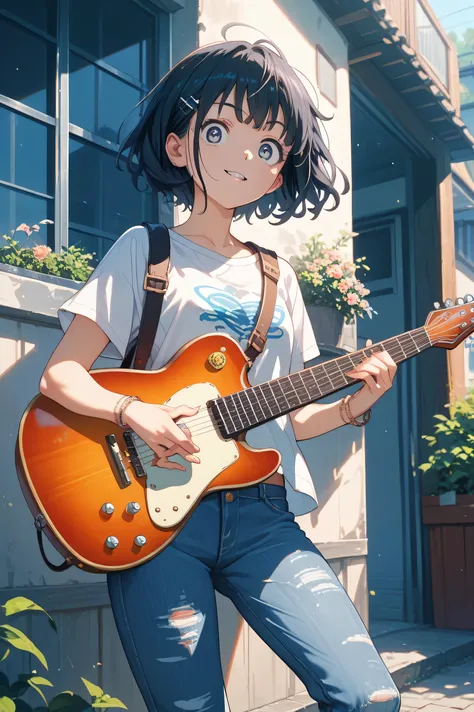 ギターを肩に掛けている、girl with a guitar on her shoulder, short black hair, sharp eyes, and wearing denim pants