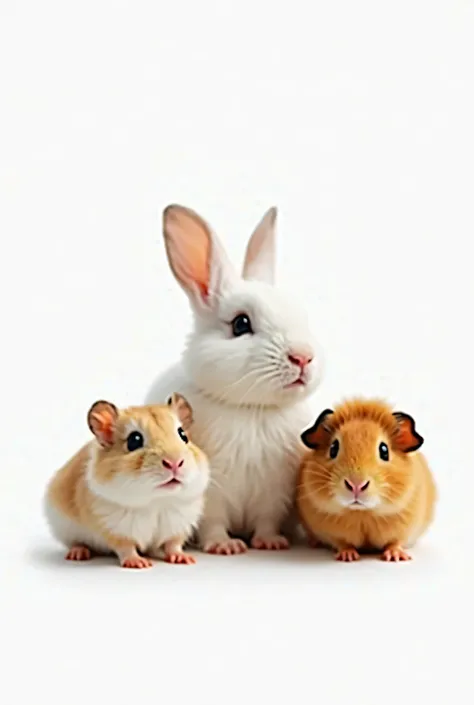 Cute rabbit, hamster, genie pig take photo group white background 