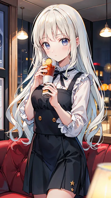 a girl with white hair, コロネツインテール hairstyle,  緑の瞳, beautiful hands, perfect figure, in a cafe, date scene, realistic, photorealistic, 8k, ultra-detailed, masterpiece, elegant, soft lighting, warm color tones, cinematic, atmospheric, intricate details, exqu...