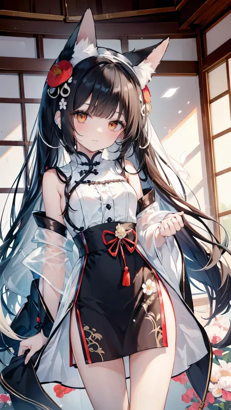 TOP QUALITY、、(Whitening skin)、 black hair、 very long hair、bangs, Princess cut、Petite、 slender、(Qipao,Floral,) thighs、Small breasts,fox,、Japanese-style room,赤い頬