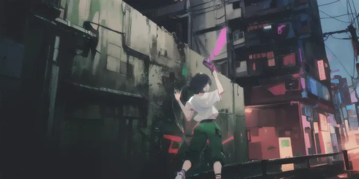 anime girl with fair skin and black short hair. She is wearing a plain white oversized boxy t-shirt and green cargo pants, white sneakers. in a cyberpunk-style Manila alleyway, left arm raised up to a wall holding a spray paint, spray painting a glowing ne...