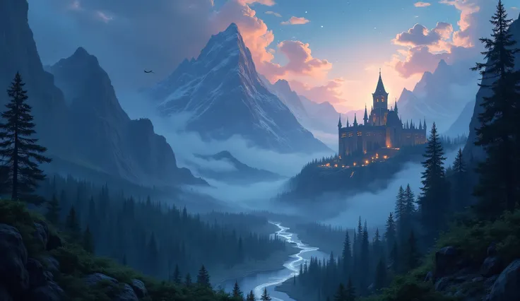 Create a stunning, cinematic-style YouTube banner for a heroic fantasy music channel. The scene should depict a breathtaking, mystical landscape at twilight, with towering, misty mountains in the background and an ancient, weathered citadel nestled between...