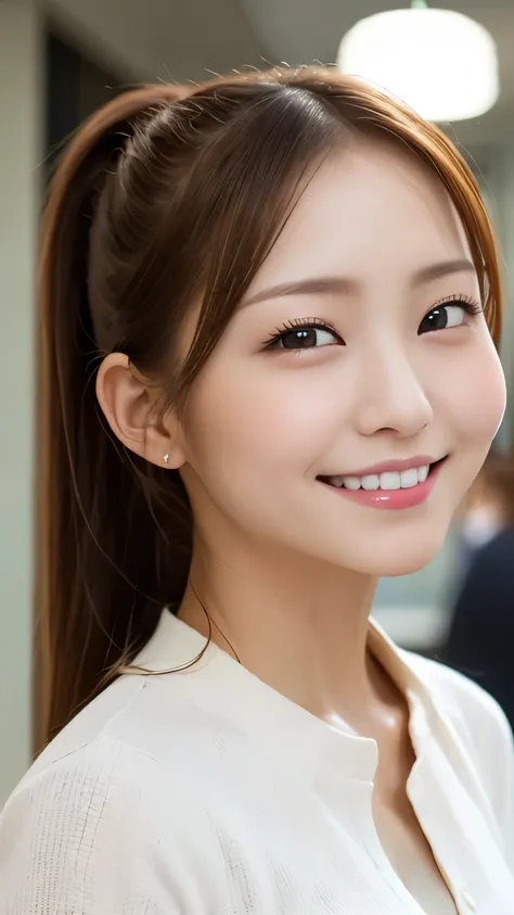 TOP QUALITY、TOP QUALITY、、 masterpiece、brown hair、high ponytail to improve eye shadow、 gal、summer、smile、 young japanese woman、white shirt、office lady、 business suit、 sexy、