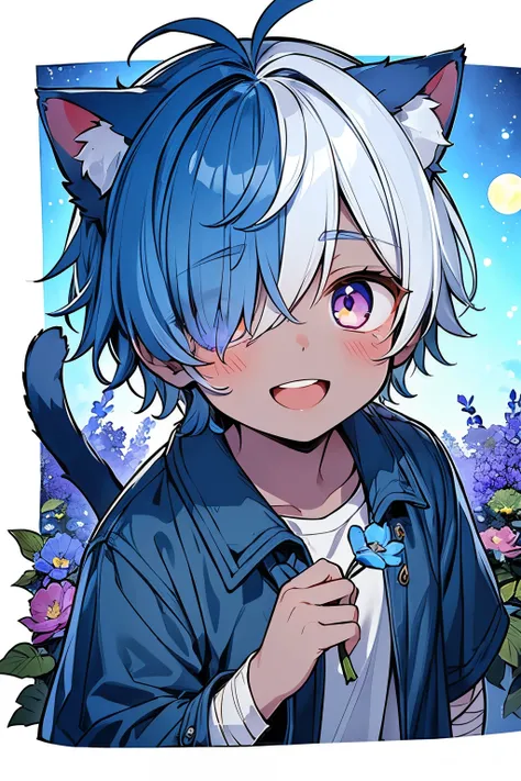 ((boy :1.3)),((handsome:1.2)),((adult men:1.3)),(short hair:1.0),(Karl hair:1.1),(Blue hair:1.15),((calico cat ears:1.2)),((dark skin body:1.25)),((looking up:1.25)), ((eerily glowing violet eyes:1.3)),((eyes out of focus:1.1)),((Blue full moon:1.2)),((cat...