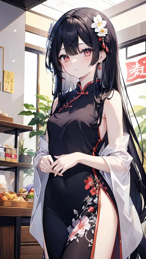 TOP QUALITY、、(Whitening skin)、 black hair、 very long hair、bangs, Princess cut、Petite、 slender、(Qipao、Floral,)、Small breasts,naked, teary eyes in the store、Japanese-style room,赤い頬