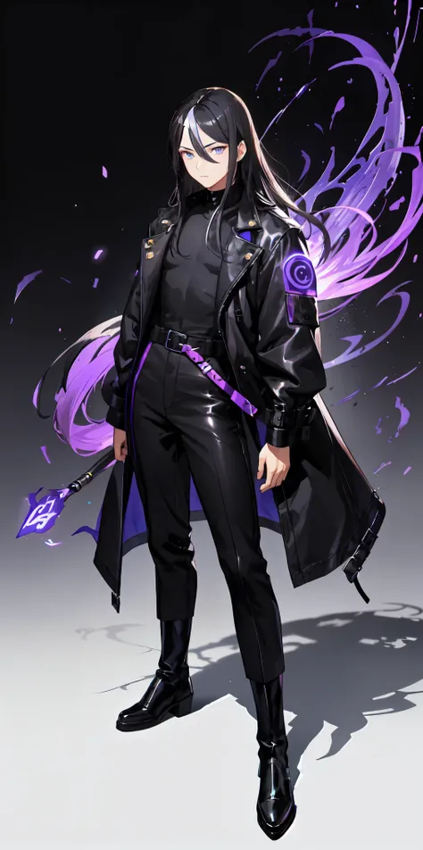 1boy, long black hair with silver streak, blue-grey eyes, strategist, information gatherer, manipulator, shadow walker, purple aura, wallpaper, black and purple theme, standing, dynamic pose, all black outfit, streetwear, leather boots