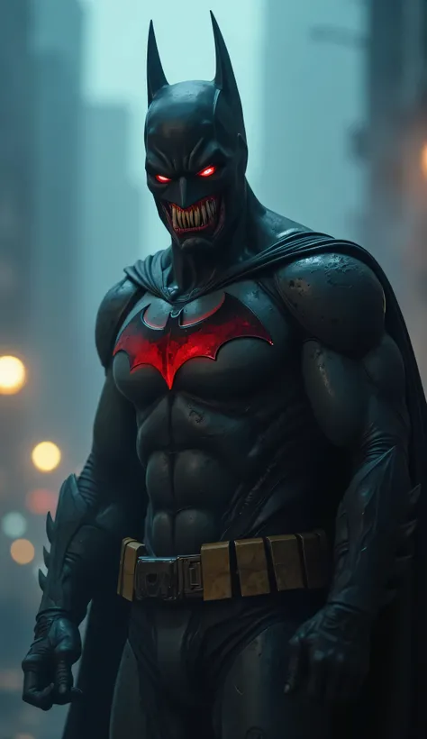 A monstrous, vampiric Batman emerges from the shadows, his long, razor-sharp fangs gleaming in the dim glow of Gotham’s flickering streetlights. His cowl remains, but his eyes shine an eerie crimson, devoid of humanity. His armor is darker, almost absorbin...