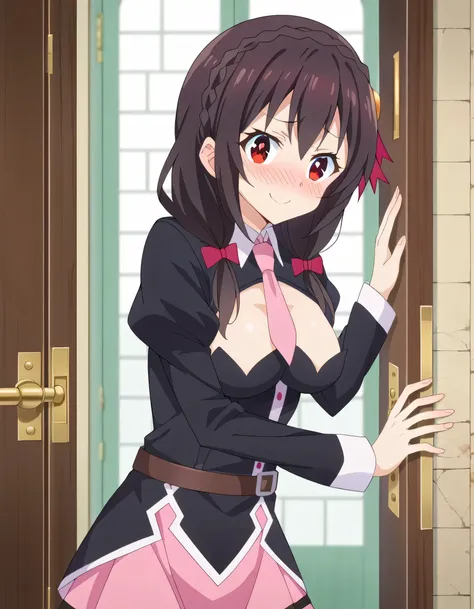  high definition, high quality、 
Yunyun、  black hair, hair accessories to refine your face,  red eyes,  skirt,  Long Sleeve,  tie,   Outfit Cutout,  cleavage cutout, pink  tie、 view viewer、(blush)、(Embarrassed Smile)、 opening the door at the front door 、 e...